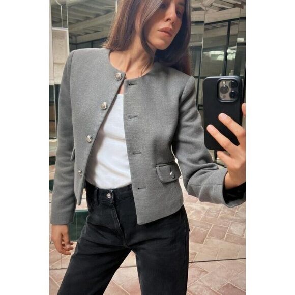 Zara Jackets & Blazers - Zara Womens Jacket Blazer L Gray Metal Button Shoulder Pads Lined 3046/255 NWT